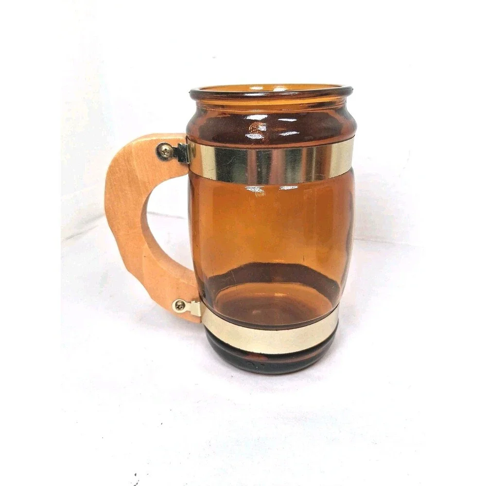 Vintage Amber Glass Beer Mugs Wood Handle Set Of 4 Saloon Mancave